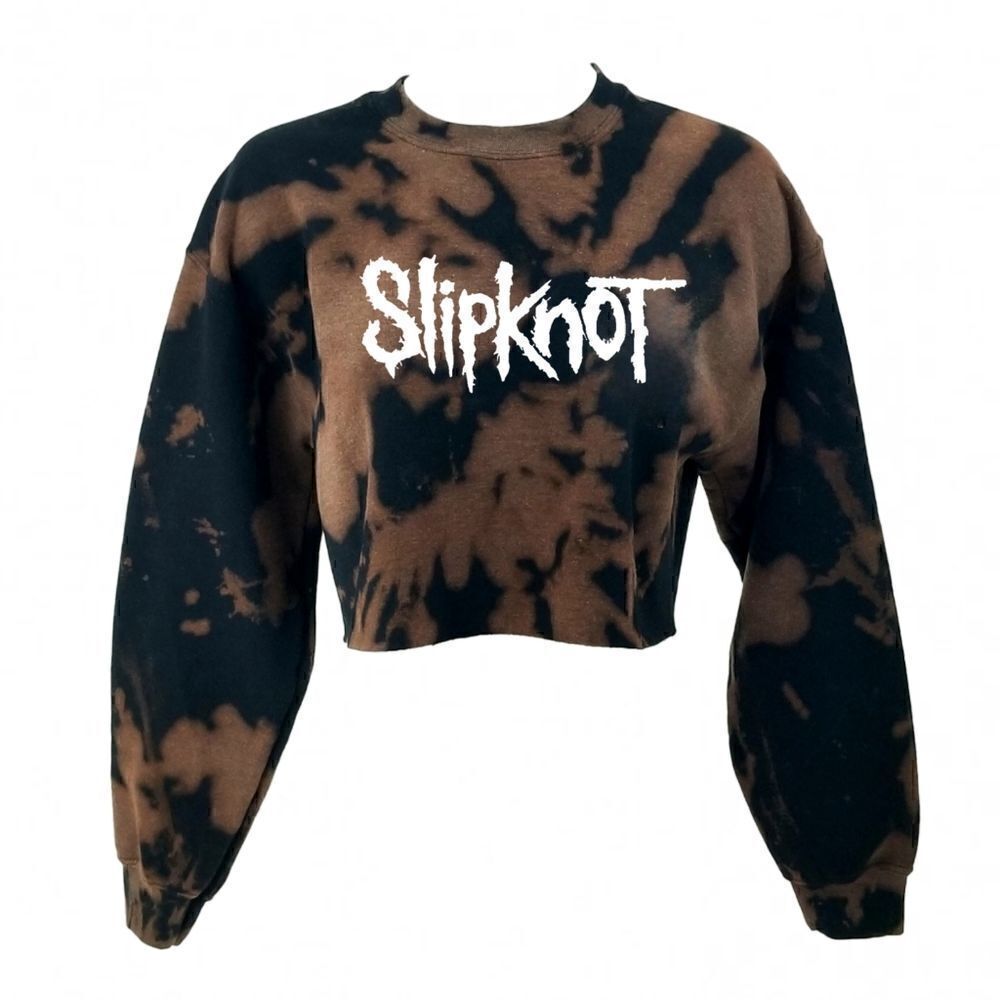 SLIPKNOT Acid Wash Distressed "Cropped" Crop Top Long Sleeve Crewneck Sweatshirt
